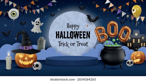 halloween background with podium, full moon, pumpkins, party balloons and pennants. halloween poster with witch pot, skulls, haunted house and bats