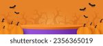 Halloween background. Podium platform to show product with pumpkins on orange background. Podium for product display presentation for you. Halloween banner