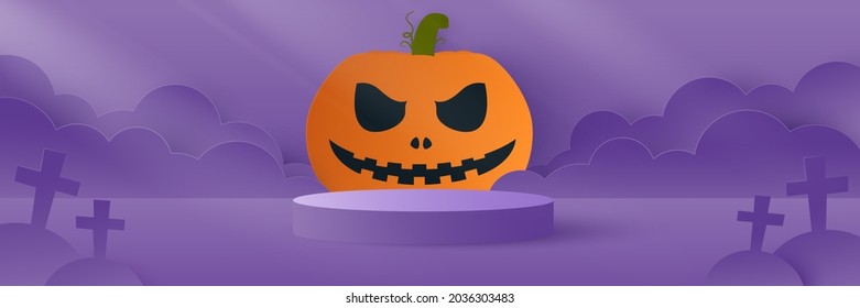Fondo de Halloween. Plataforma de podio para mostrar el producto con calabaza y luz natural sobre fondo morado. Promoción de venta de Halloween. Ilustración de corte de papel y estilo artesanal