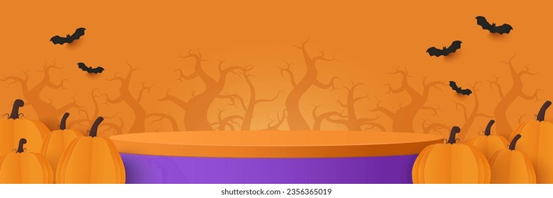 Halloween background. Podium platform to show product with pumpkins on orange background. Podium for product display presentation for you. Halloween banner