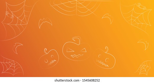 Halloween background for the postcards, flyers, brochures with drawing pumpkins, flying bats and spiders web. Vector illustration.