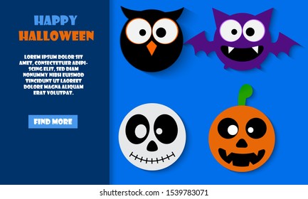 Halloween background for halloween poster, banner, invitation card, or flyer with cute owl, bats, spooky ghost and pumpkin in blue background. Space for your text. Vector illustration eps 10.