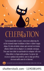 Halloween background Poster : Black cat on the wall under the moonlight Orange purple themed.