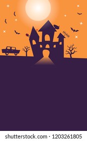 Halloween Background Poster. Haunted Castle With Car.