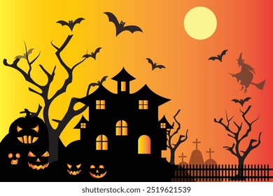 Halloween background, poster with House, moon, bat. Halloween background, template, flyer design. Halloween background with pumpkin and bats. Vector illustration.