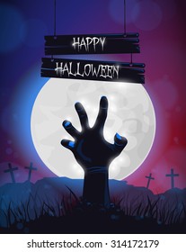 Halloween background, poster for party with zombie dead man's arms from the ground.