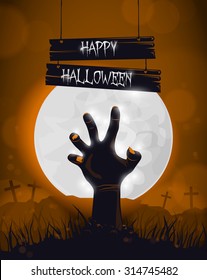 Halloween background, poster for party with zombie dead man's arms from the ground.