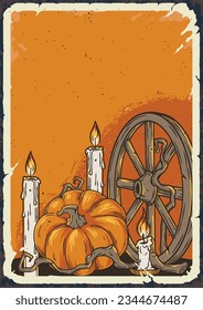 Halloween-Hintergrund für Poster mit Kürbis und Kerze für Oktoberfest. Happy-Halloween-Komposition für Nachtgestaltung