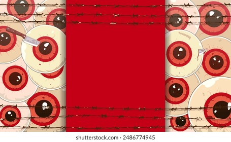 Fondo de Halloween, cartel, Web, Anuncio con , ojos rojos locos espeluznantes con cuchillo y uña en él. Saludo fantasmagórico, invitación, tarjeta, Plantilla