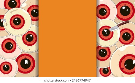 Halloween background, poster, web, banner with , creepy crazy red eyes with knife and nail in it. Spooky greeting, invitation, card, template