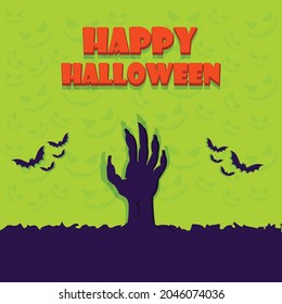 Halloween background poster with zombie hand raising and bats flying.