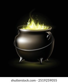 Halloween background. Pot with fire on black background. Highly realistic illustration.