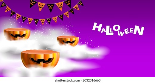 Halloween background with product display and geometric shape podium. Stand show promo with pumpkin and mystical smoke