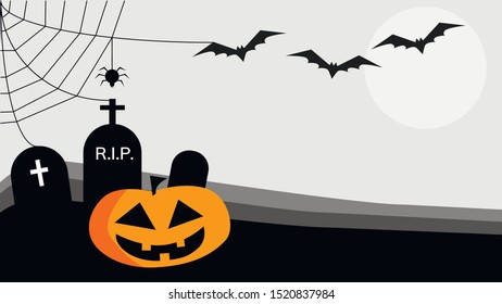 Halloween background with pumkin, bats, spider on cemetery and copy space. Vector Illustration. 