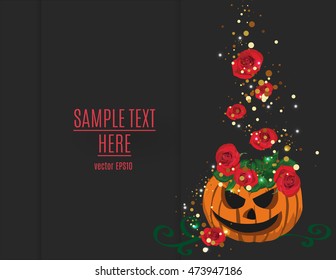 Halloween background with pumpin with red roses and magic gold dust