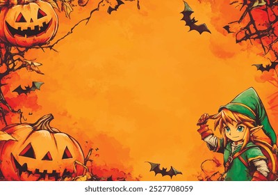 Halloween background, pumpkin, bat. Postcard with empty space for text in the middle. For decorating invitations, holiday greeting cards, posters, banners. Halloween party background or poster. Vector