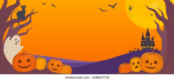 Halloween background with pumpkin, bat, spider, ghost, black cat, haunted house and grave. Spooky night concept.