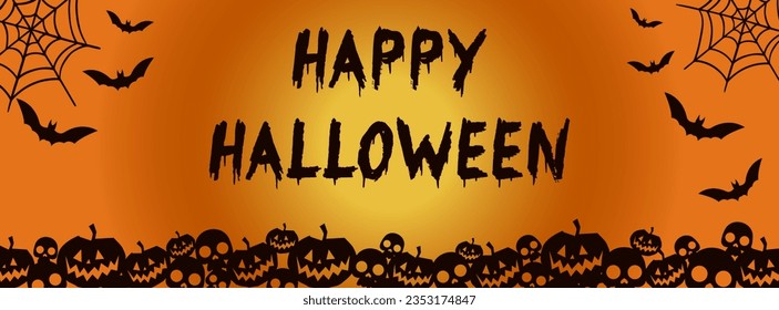 Halloween Background with pumpkin, bat, spiderweb, and skulls on yellow background. Website spooky, Background or banner Halloween template.Vector illustration.