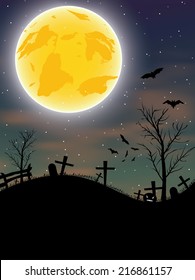 Halloween background with pumpkin, bats and big moon. Vector illustration