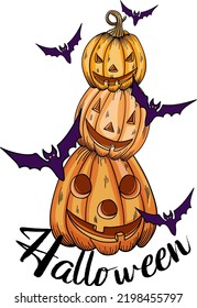 Halloween background, pumpkin and bats. Greeting card for party and sale. Autumn holidays. Hand drawn lettering Halloween.