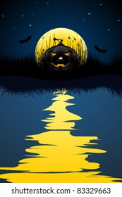 Halloween background with Pumpkin bats moon grass and reflection in water