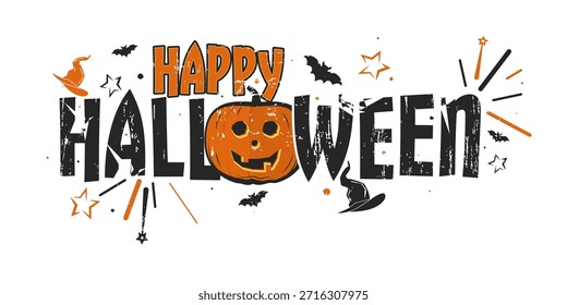 Halloween background with pumpkin, bats and witch hat.	