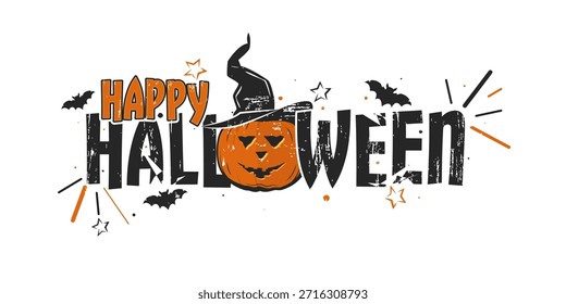 Halloween background with pumpkin, bats and witch hat.	