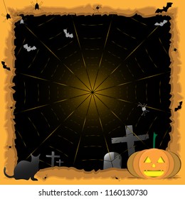 Halloween background  pumpkin, black cat. Halloween party. Spider sticker. Trick or treat. Vector illustration.
