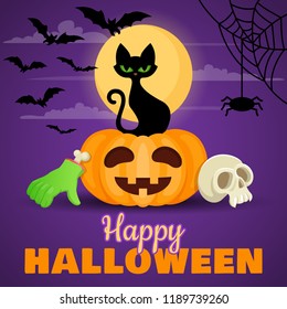 Halloween background with pumpkin, black cat, zombie hand and skull. Vector illustration