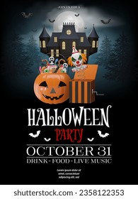 halloween background with pumpkin bucket and evil clown in the box. halloween party poster