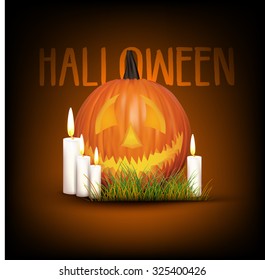 Halloween background with pumpkin with candles and grass. Vector
