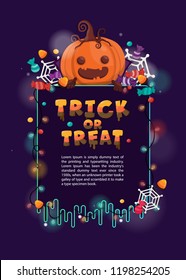 Halloween background with pumpkin and candy for trick or treat. Flyer or invitation template for Halloween party.