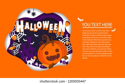 Halloween background with pumpkin and candy for trick or treat. Flyer or invitation template for Halloween party.