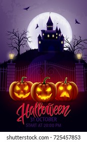 Halloween background, pumpkin, castle and bat. Greeting card for party and sale. Autumn holidays. Vector illustration EPS10.