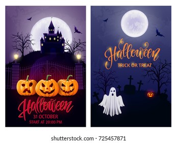 Halloween background, pumpkin, castle and bat. Greeting card for party and sale. Autumn holidays. Vector illustration EPS10.