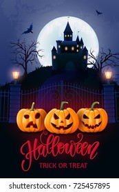 Halloween background, pumpkin, castle and bat. Greeting card for party and sale. Autumn holidays. Vector illustration EPS10.