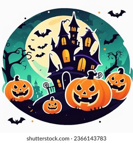 halloween background with pumpkin, castle and bats