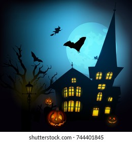 Halloween background with pumpkin, castle, bats witch, and big moon. Vector