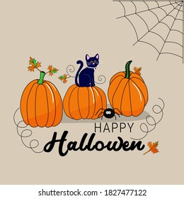 Halloween background with pumpkin, cat. Spider, cobweb. Vector. Flat drawing style.