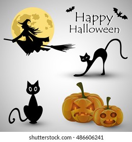Halloween background with pumpkin and cat and witch