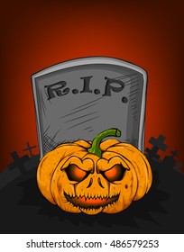 Halloween Background with Pumpkin In The Cemetery