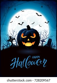 Halloween background with pumpkin in the cemetery. Blue night with full Moon, illustration.