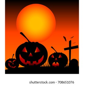 Halloween Background with Pumpkin ,cross ,bat and graveyard with full moon.