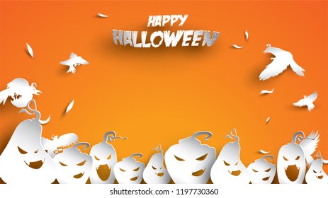 Halloween background with pumpkin and crow bird in paper art carving style. banner, poster, Flyer or invitation template party. Vector illustration.