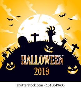 Halloween background with pumpkin face , grave and full moon. Flyer or invitation template for Halloween party. Flat Vector illustration.