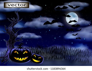 halloween, background, pumpkin, forest, spooky, night, design, holiday, tree, celebration, autumn, dark, scary, horror, fear, full, evil, illustration, wood, blue, glowing, moon, black, pumpkins, sky,