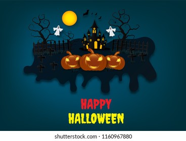 Halloween background with pumpkin and full moon. Vector illustration