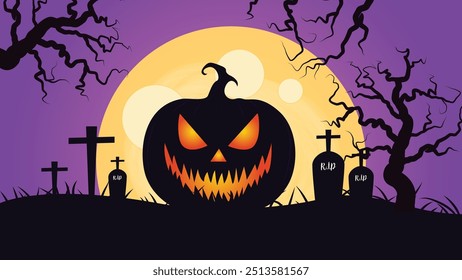 Halloween background with pumpkin, full moon and graveyard design