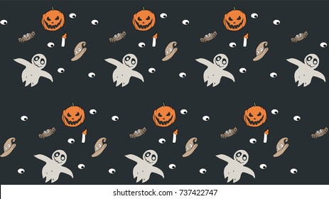 Halloween background. Pumpkin ghost candle hat spider and eyes.