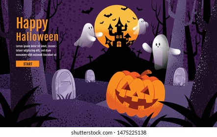 Halloween background with pumpkin, ghost, castle, moon, vector illustration